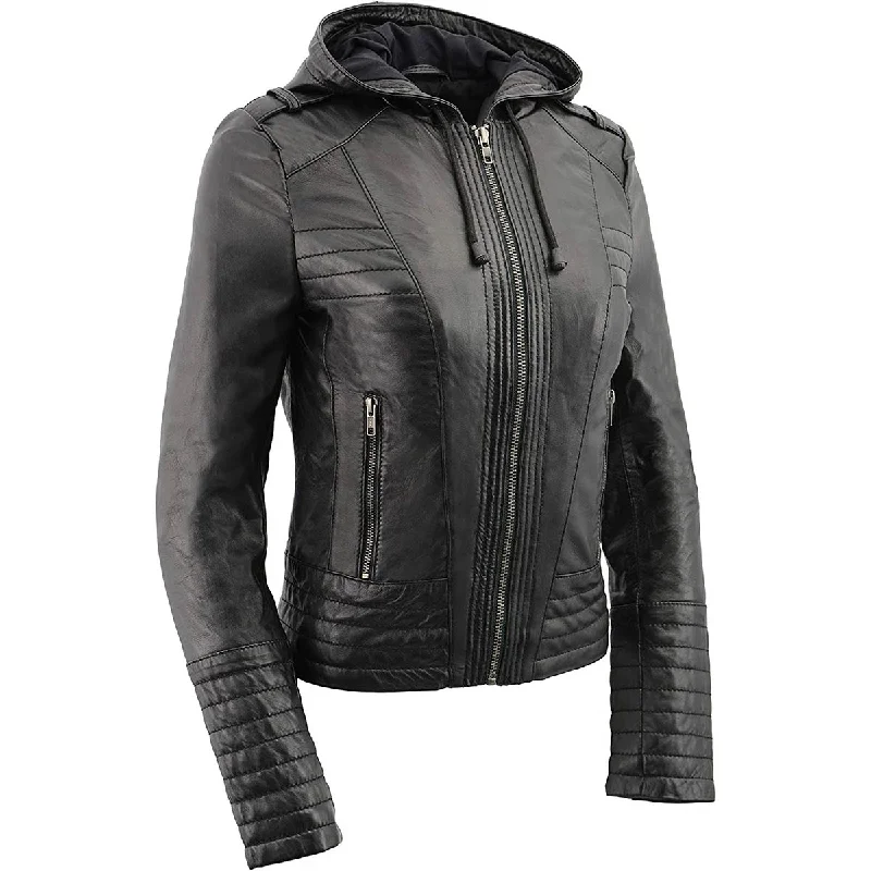 Milwaukee Leather SFL3554 Women's Black Scuba Style Zippered Front Motorcycle Fashion Leather Jacket with Hoodie Embroidered Jacket Appliqued Jacket Beaded Jacket