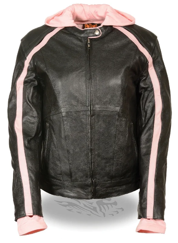 Milwaukee Leather SH1951 Women's Black and Pink Striped Leather Jacket with Zip-Out Hoodie Rayon Jacket Velvet Jacket Corduroy Jacket