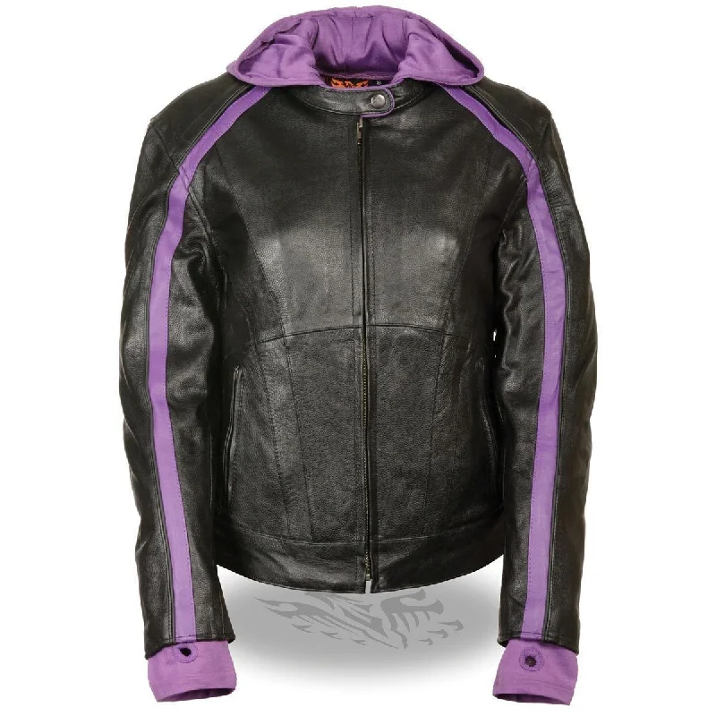 Milwaukee Leather SH1951 Women's Striped Black and Purple Leather Jacket with Zip-Out Hoodie Satin Fabric Silk Fabric Chiffon Fabric