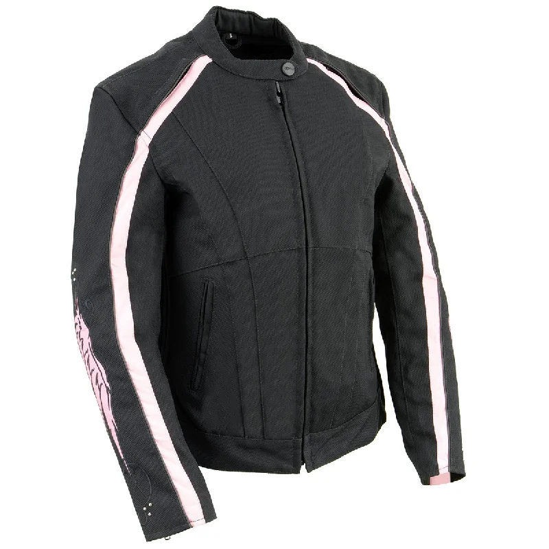 Milwaukee Leather SH1954 Women's Black and Pink Textile Jacket with Stud and Wings Detailing Embroidered Jacket Appliqued Jacket Beaded Jacket