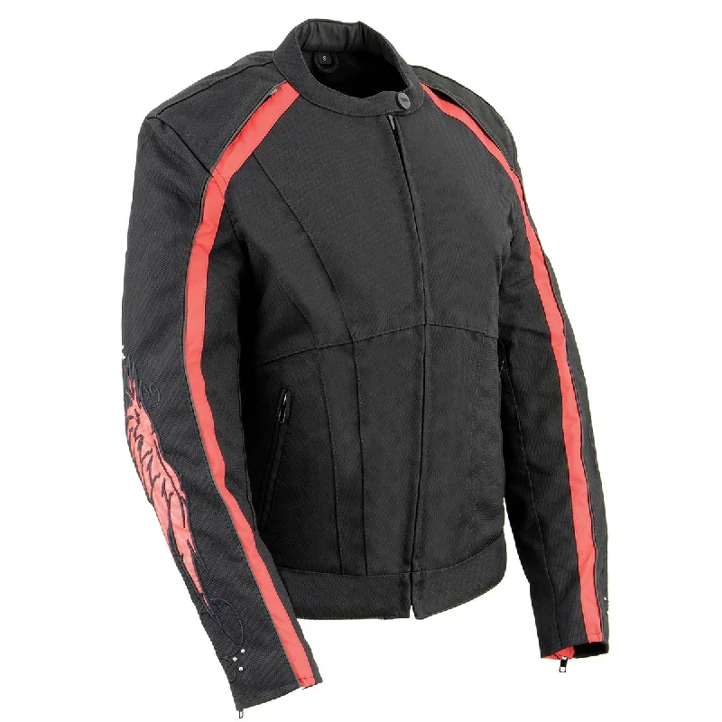 Milwaukee Leather SH1954 Women's Black and Red Textile Jacket with Stud and Wings Detailing Insulated Jacket Fitted Jacket Loose Jacket