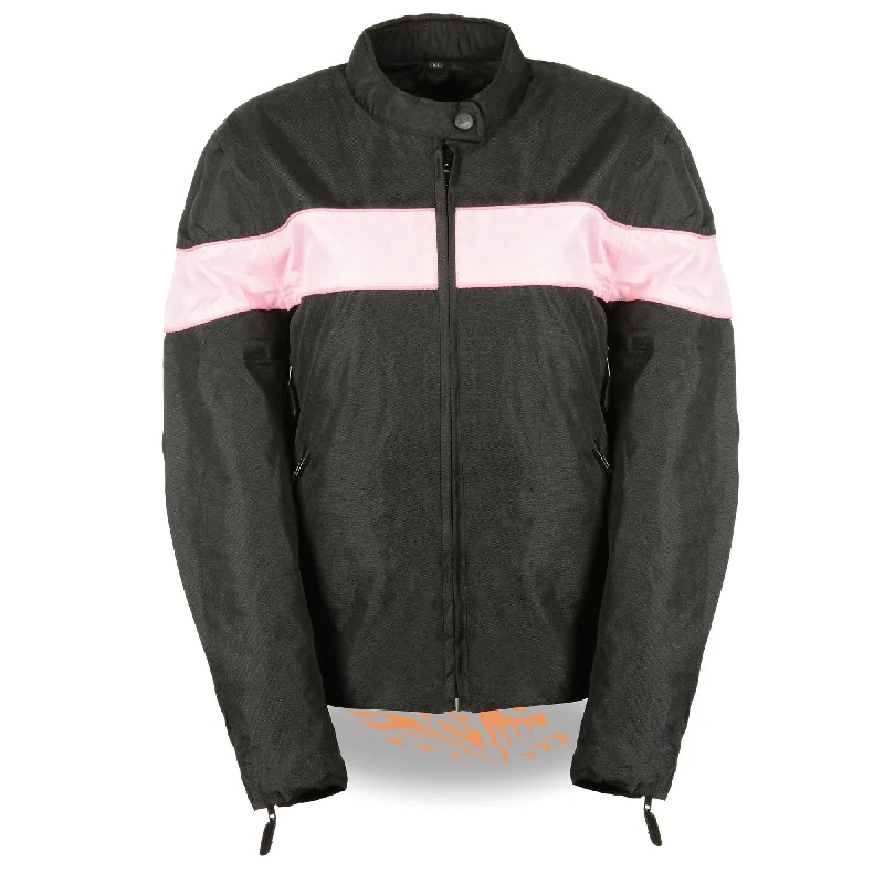 Milwaukee Leather SH2261 Women's Lightweight Black and Pink Textile Motorcycle Jacket with Reflective Piping V-Neck Jacket Boat Neck Jacket Square Neck Jacket