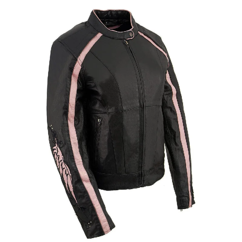 Milwaukee Leather X1952 Women's Black and Pink Embroidered and Stud Design Jacket Fleece Jacket Down Jacket Feather Jacket