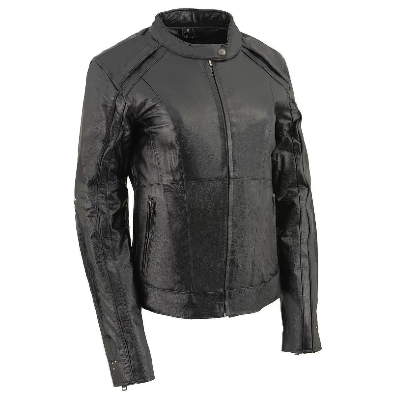 Milwaukee Leather X1952 Women's Embroidered Wing and Stud Design Black Leather Scooter Jacket Wool Fabric Cashmere Fabric Tweed Fabric