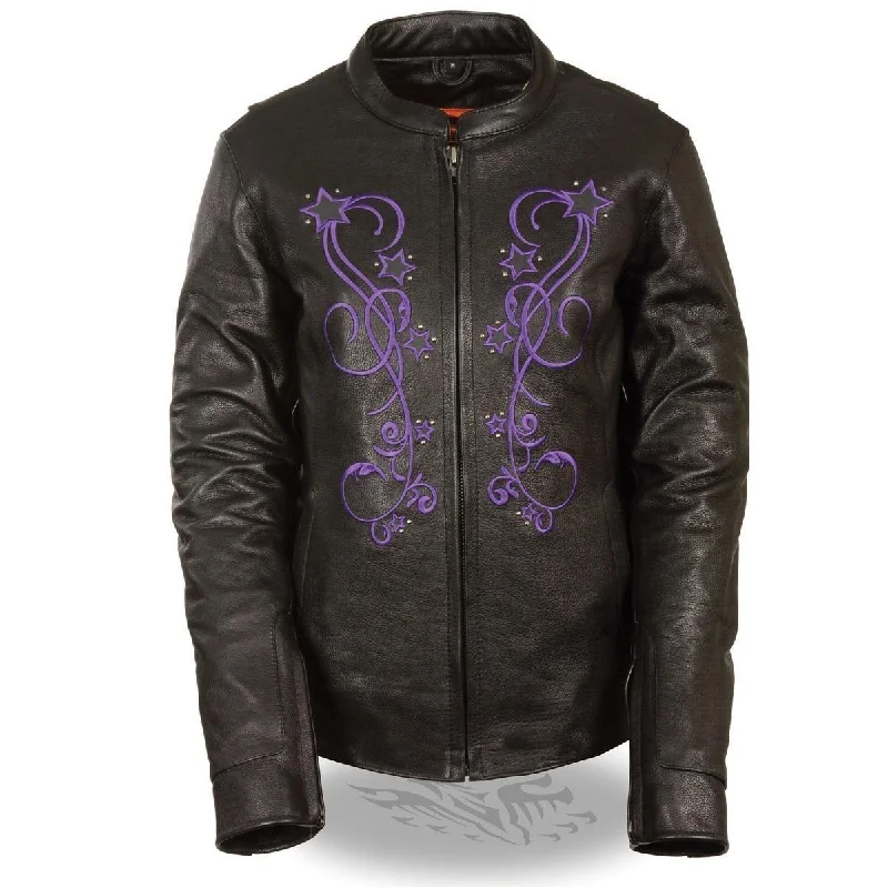 Milwaukee ML2500 Women's Reflective Star Riveted Black and Purple Leather Jacket Cardigan Sweater Pullover