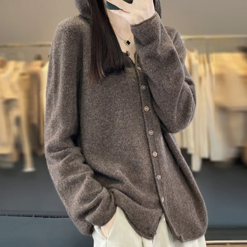 NiDELL Autumn and Winter New Hooded Cardigan Women's . Autumn New Solid Color Sweater Loose Hoodie Jacket Long-Sleeved Sweater Welt Pockets Slit Pockets Flap Pockets