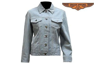 WOMEN'S RIDERS MOTORCYCLE JEAN JACKET WITH STONES DENIM LOOK GENUINE LEATHER Notch Collar Peter Pan Collar Cowl Neck