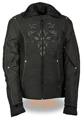 WOMEN'S RIDING BLK TEXTILE JACKET W/REFLECTIVE TRIBAL DETAIL W/REMOVABLE FLEECE Denim Jacket Leather Jacket Suede Jacket