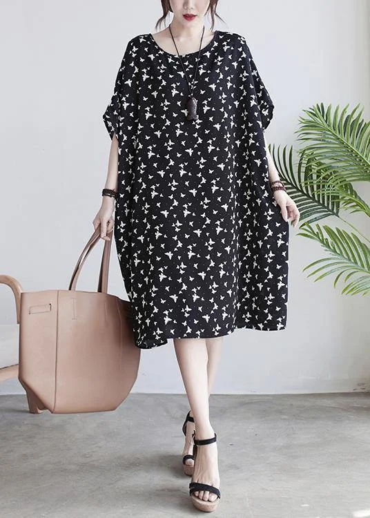 Art Black Butterfly Print Loose Spring Cotton Dress
