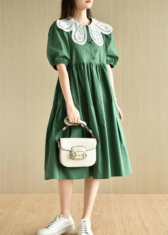 Art Tea Green lantern sleeve Button Summer Cotton Vacation Dresses
