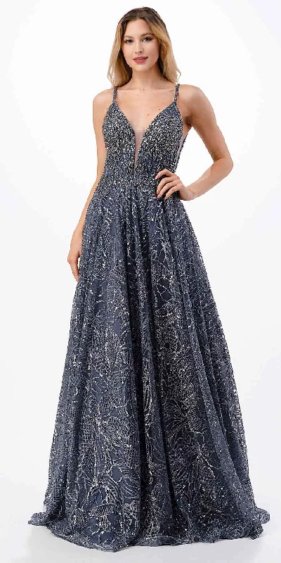 Aspeed USA L2672 Floor Length A-Line Plunging V-Neck and Open Back Gown