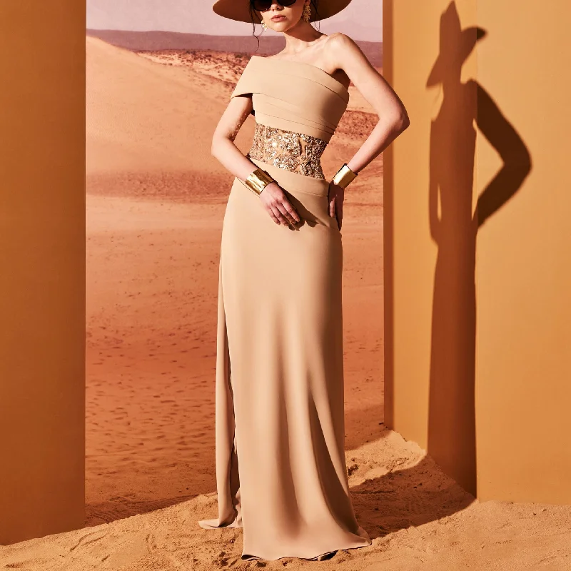 Asymmetrical Camel Dress With Embroidery