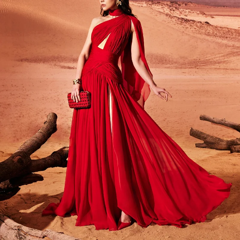 Asymmetrical Rubin Red Muslin Dress
