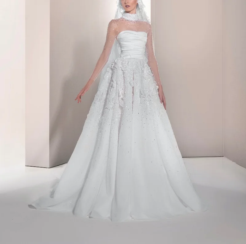 Ball Gown with Organza Flowers & Lace