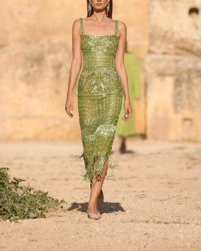 Beaded Tulle Dress with Fringes