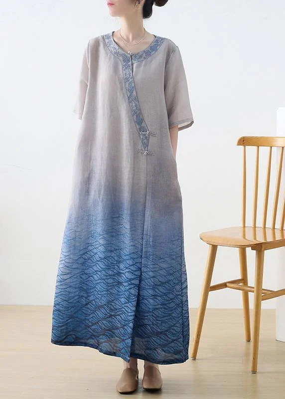 Beautiful Blue Print Embroidery Oriental Mid Summer Linen Dress