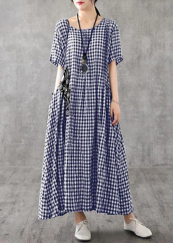 Blue Plaid Linen Dresses Summer Cotton Dress