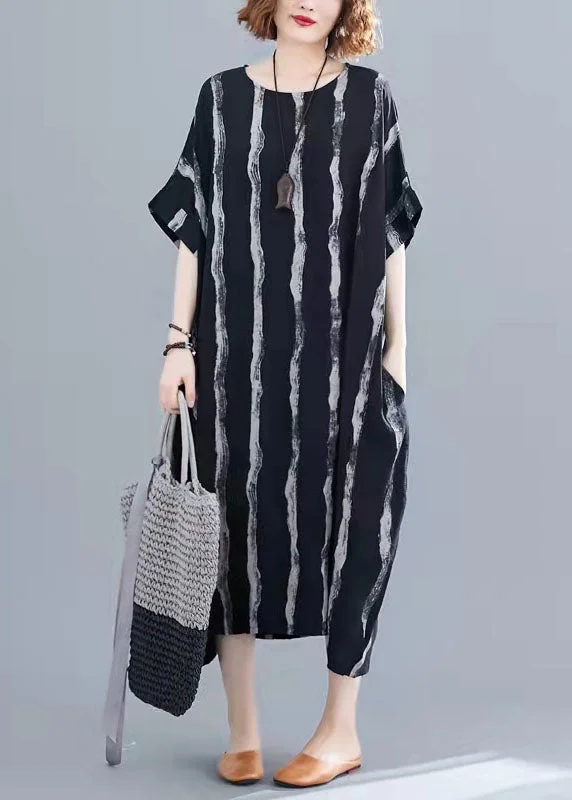 Bohemian Black Striped Cotton Tunics For Women Fine Tutorials O-Neck Pockets Oversized Summer Dresses