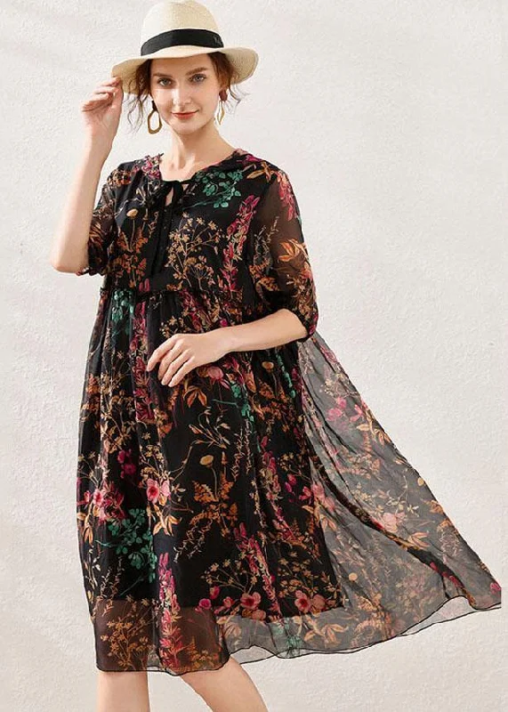Boho Pink Cinched Print Summer Chiffon Mid Dress Half Sleeve