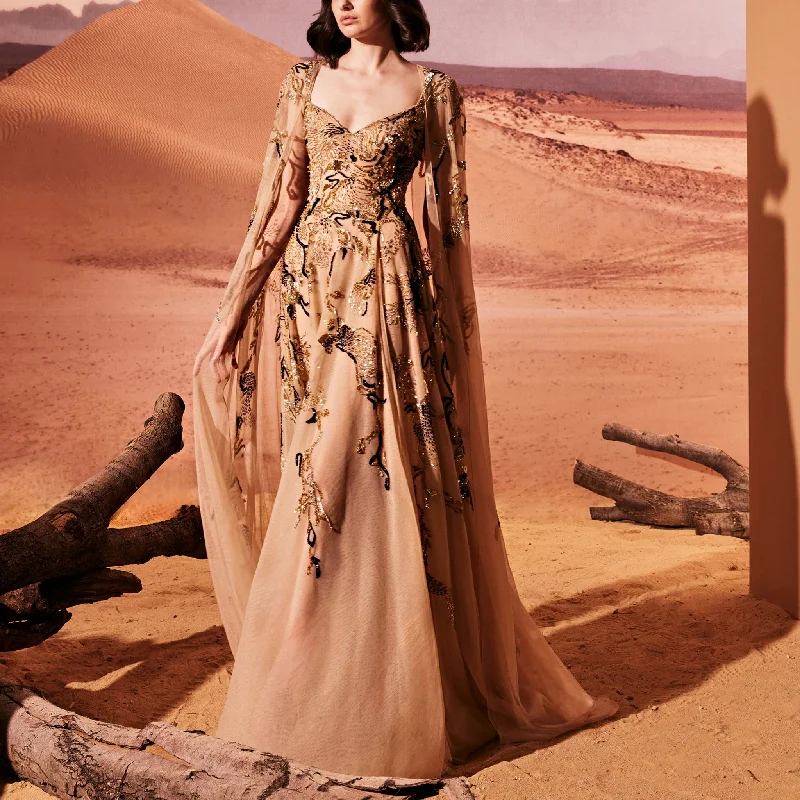 Camel Dress With Black Embroidery