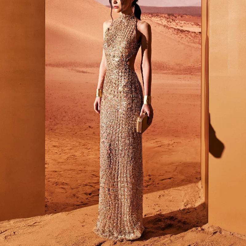 Camel Fitted Dress With Crocodile Embellishment