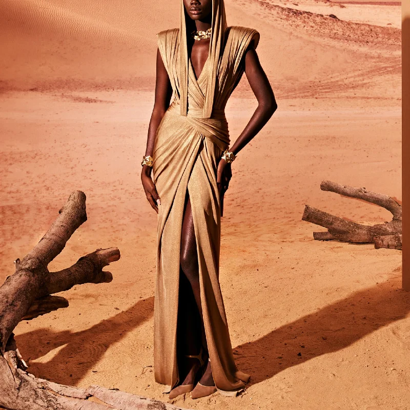 Camel Jersey Dress With High Slit