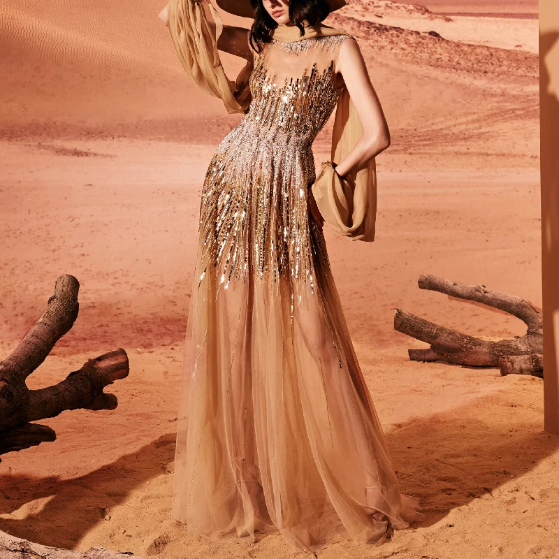 Camel Sheer Tulle Dress With Embroidery