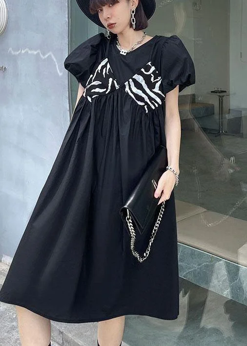 Casual Black Striped Cotton O Neck Cinched Dress