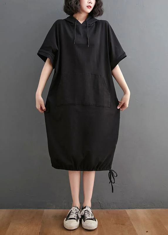 Chic Black hooded Pockets Mid Summer Cotton Dress