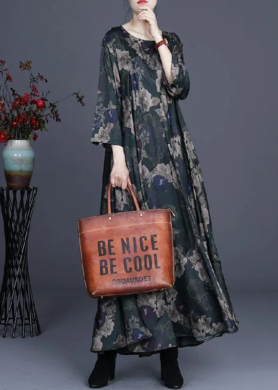 Chic Green Print Silk asymmetrical design Mid Dress Summer