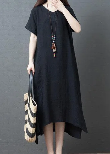 Classy black cotton quilting dresses o neck side open Plus Size summer Dress