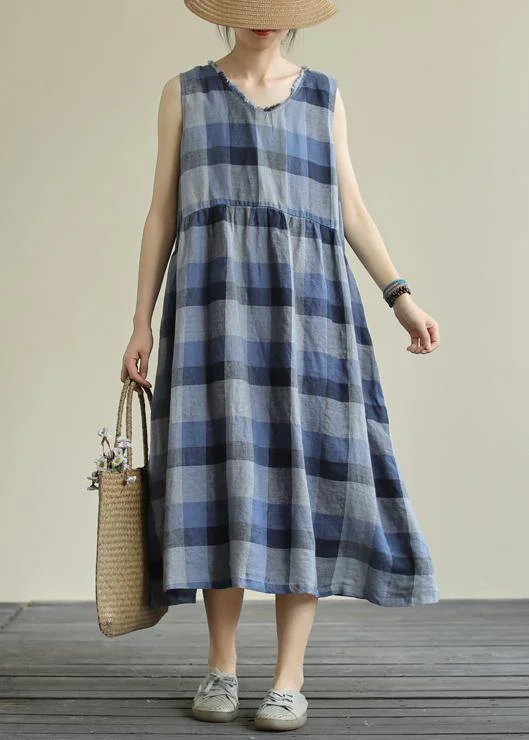 Classy blue plaid cotton clothes o neck pockets Art Dresses