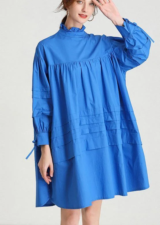 Classy Blue Ruffled Cotton Spring Mid Dress