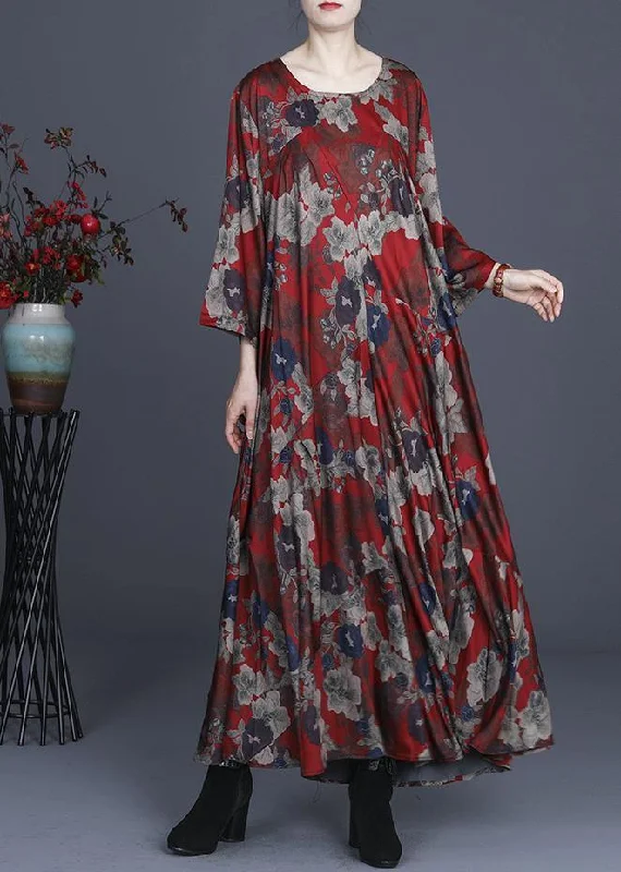Classy Red Print Silk Cinched Summer Dress