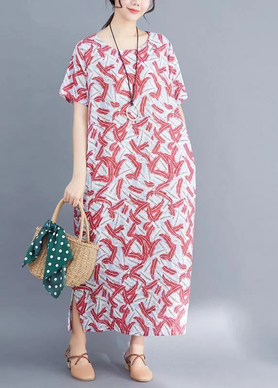 Classy red prints cotton tunic dressVintage Sewing side open Traveling summer Dresses