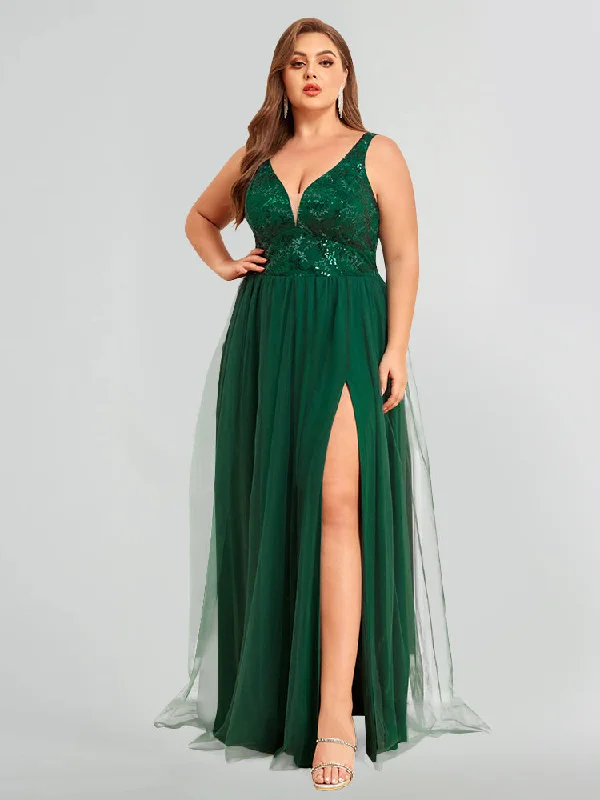 Contrast Sequin Mesh Split Thigh Dress