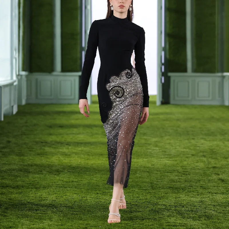 Crepe Embellished Dress with Tulle Skirt
