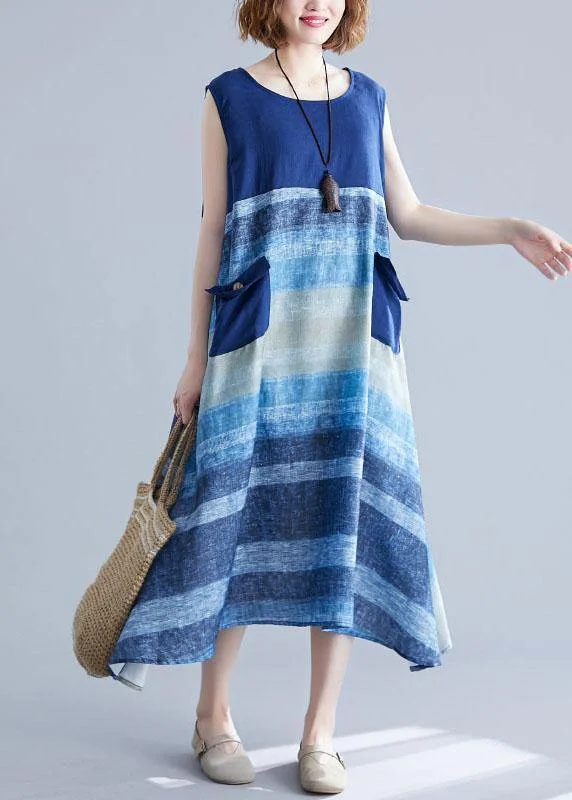 Diy Blue Patchwork Striped O-Neck Summer Cotton Dress