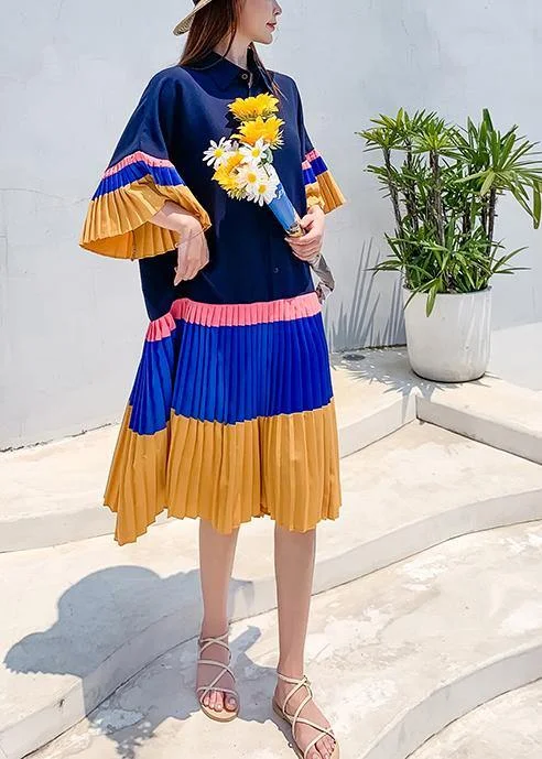 Diy Blue Yellow Patchwork Turn-down Collar Summer Holiday Dress