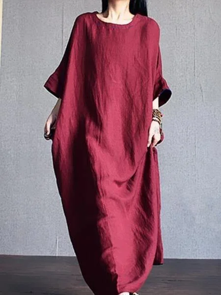 DIY o neck Batwing Sleeve linen clothes pattern red Dresses