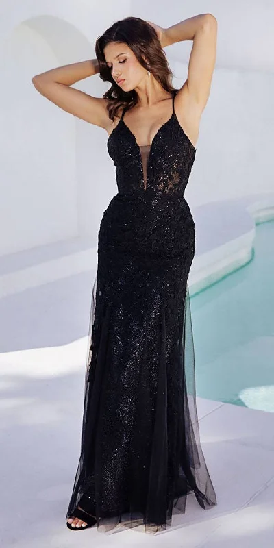Eureka Fashion 9958 Floor length Glittery Mesh Fitted Godet Gown Lace Embroidery