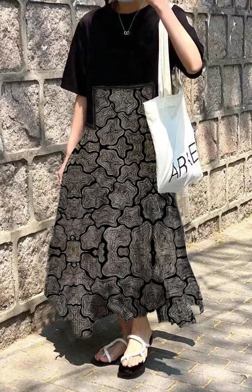Fashion black print O-Neck Asymmetrical Plaid mosaic dress