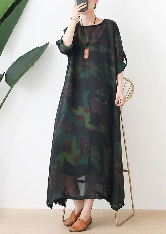 Fashion Green Print Chiffon Pockets Summer Dresses