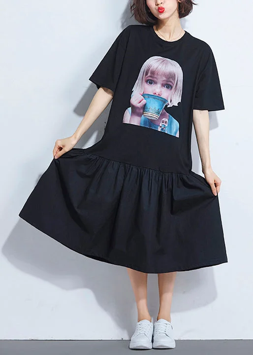 French black Cotton dresses Pakistani Neckline Cinched Dresses Summer Dress