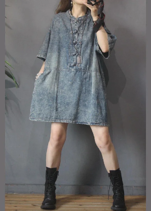 French Blue Oriental Pockets Vacation Dresses Summer