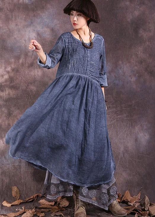 French o neck linen cotton clothes For Women Sewing blue Cinched Dresses summer