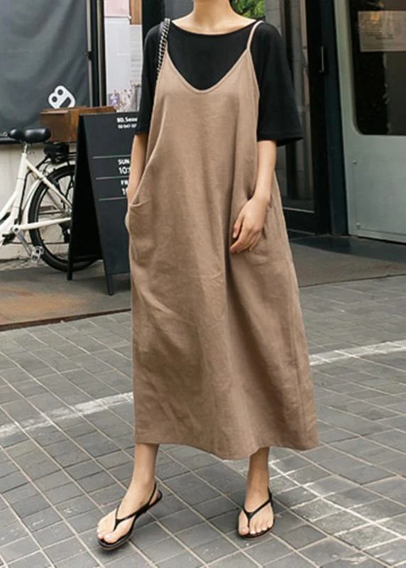 French Spaghetti Strap linen cotton Soft Surroundings khaki Dresses