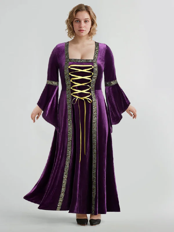 Halloween Flare Sleeve Lace Up Velvet Dress