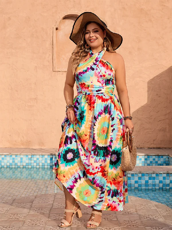 Colorful Tie Dye Print Halter Neck Dress