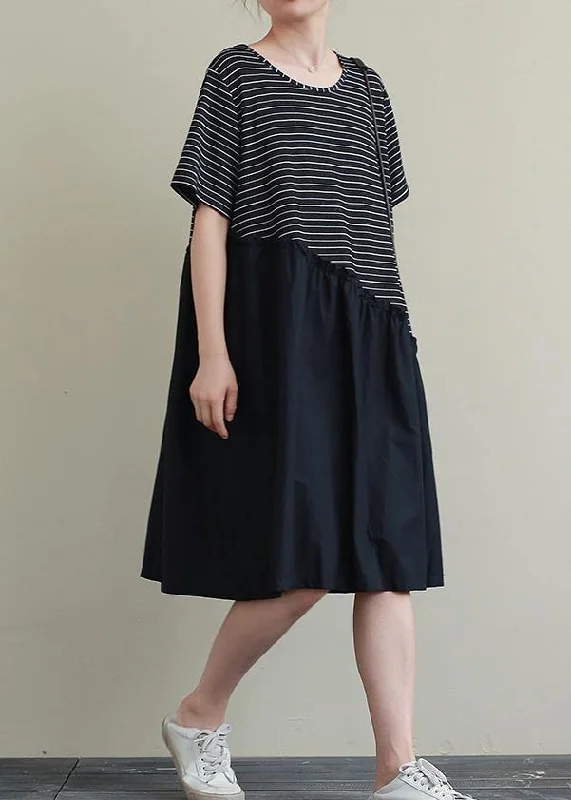 Handmade o neck patchwork Cotton Tunic Neckline black striped Dress
